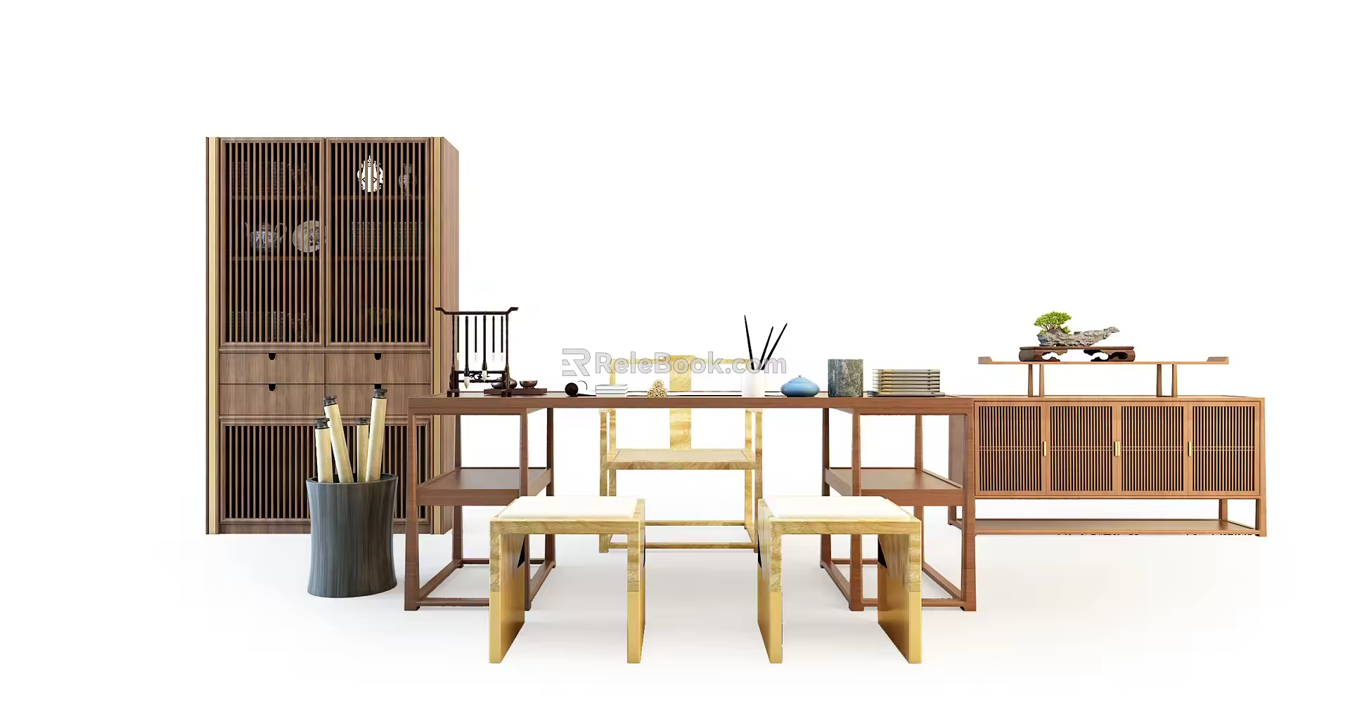 New Chinese Style Desk and Chair Desk and Chair Combination 3d model