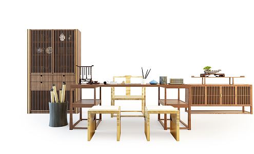 New Chinese Style Desk and Chair Desk and Chair Combination 3d model