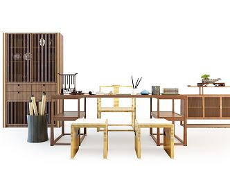 New Chinese Style Desk and Chair Desk and Chair Combination 3d model