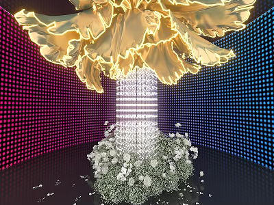 Golden Flower Shaped Decoration Photo Spot With Pink Blue Dotted Walls White Flowers And Column 3d model