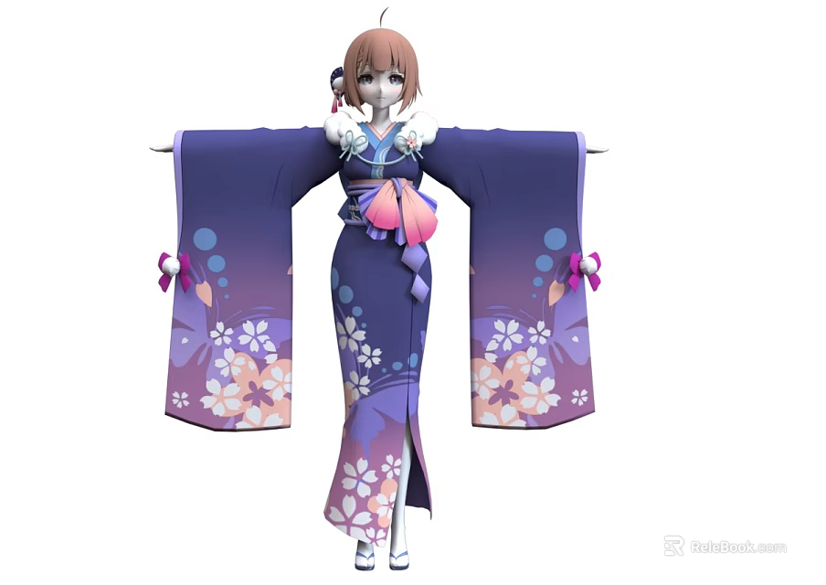 Woman in Purple Blue Kimono With Cherry Blossom Patterns And Pink Ribbon Tassels Standing Gracefully 3d model 