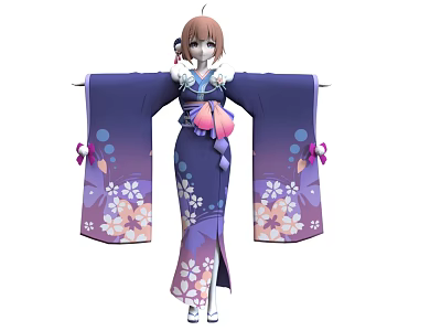 Woman in Purple Blue Kimono With Cherry Blossom Patterns And Pink Ribbon Tassels Standing Gracefully 3d model