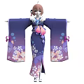 Woman in Purple Blue Kimono With Cherry Blossom Patterns And Pink Ribbon Tassels Standing Gracefully