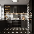 Modern Bathroom Interior With Black Cabinets And Patterned Tile Walls Design