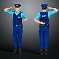Auxiliary Police Officer in Blue Uniform Front Back View Saluting with Badge and Waist Gear