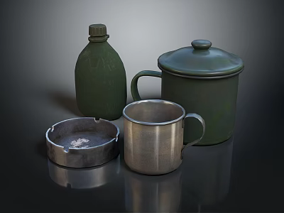 Everyday Living Essentials Including Green Water Bottle Metal Mug Ashtray And Container 3d model