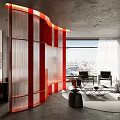 Modern Living Room With Curved Red Partition Large Window City View And Furniture