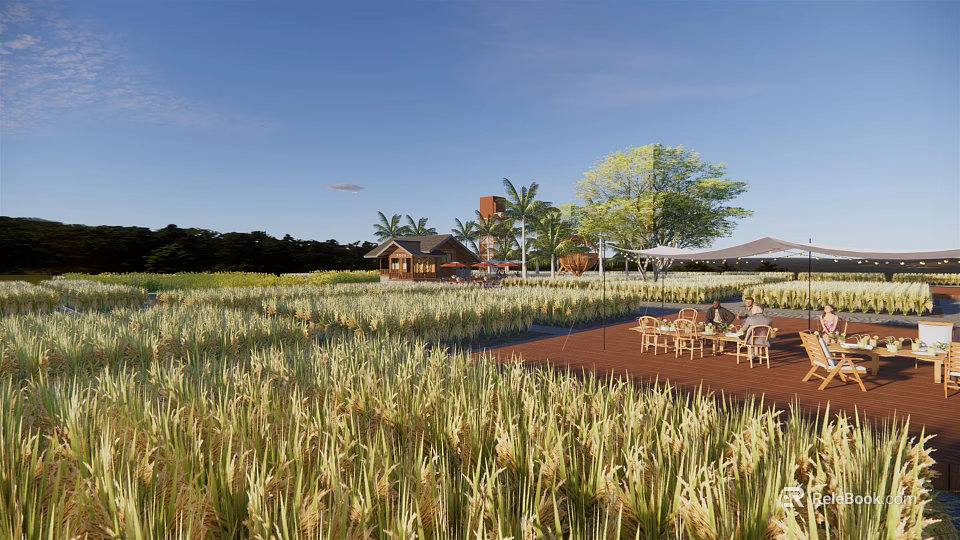 Rural Landscape With Golden Rice Fields Wooden Cottage And Palm Trees Under Clear Blue Sky 3d model 