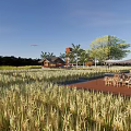 Rural Landscape With Golden Rice Fields Wooden Cottage And Palm Trees Under Clear Blue Sky