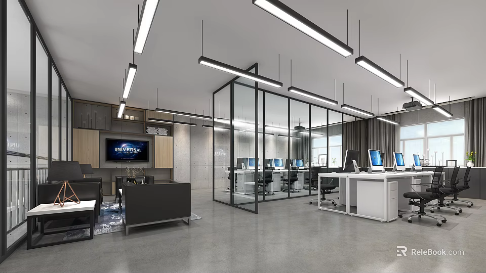 Modern Public Office Interior Design With Open Workstations Glass Partitions Hanging Lights And Sofa Area 3d model 