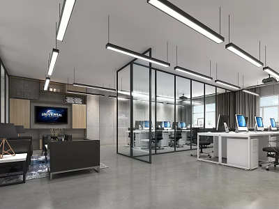 Modern Public Office Interior Design With Open Workstations Glass Partitions Hanging Lights And Sofa Area 3d model