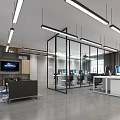 Modern Public Office Interior Design With Open Workstations Glass Partitions Hanging Lights And Sofa Area