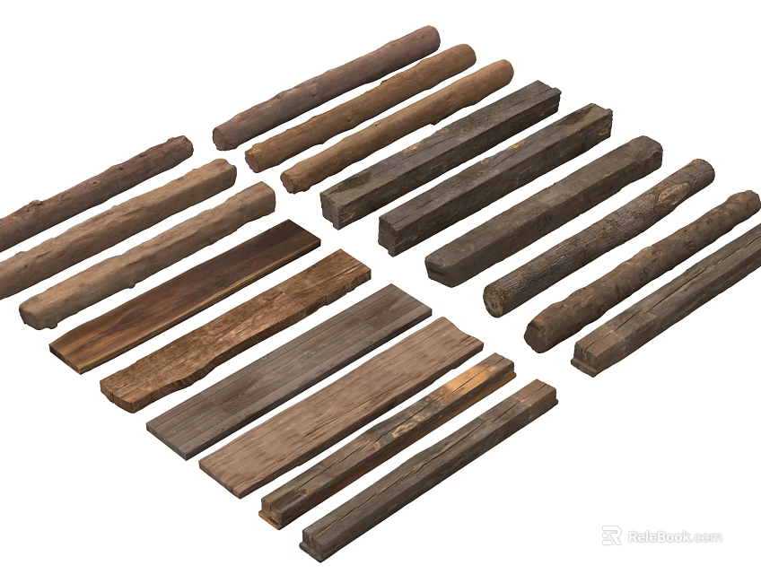 Rustic Wooden Components With Natural Texture And Various Lengths For Projects 3d model 