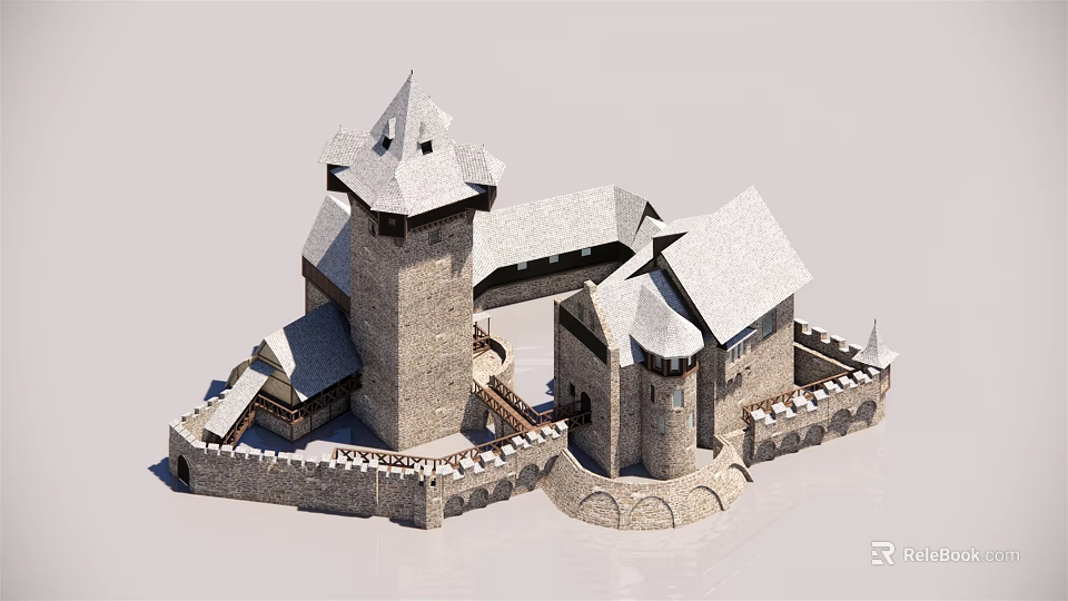 Ancient Architecture Featuring Stone Towers Pointed Roofs And Enclosed Walls 3d model 