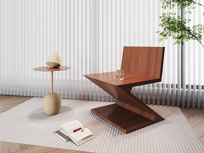 Wooden Leisure Chair with Small Side Table Open Book Green Plant on Rug Near Blinds 3d model