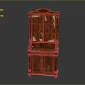 Dark Red Wooden Display Cabinet Featuring Carved Details Multiple Shelves And Elegant Traditional Design