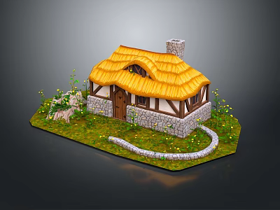 Enchanting Fairy Cottage With Thatched Roof Stone Walls Chimney And Flower Garden 3d model