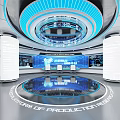 Futuristic Exhibition Hall With Blue Circular Ceiling And Production Technology Display Platform