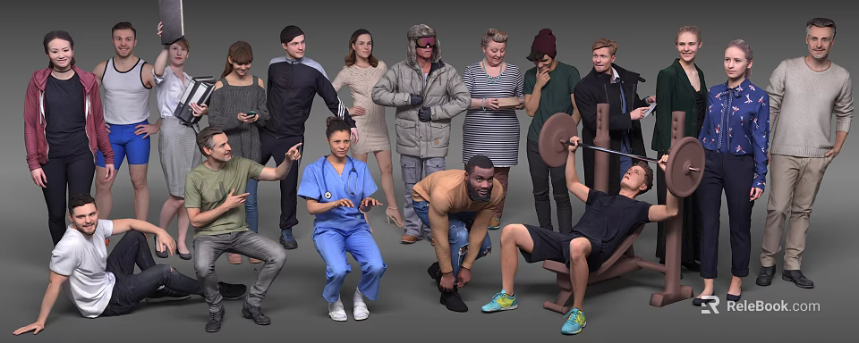 Group of Diverse People in Various Outfits Interacting and Engaging in Different Activities 3d model 