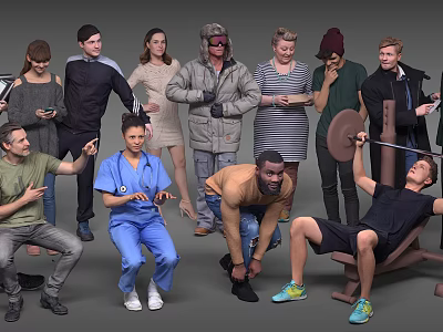 Group of Diverse People in Various Outfits Interacting and Engaging in Different Activities 3d model