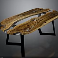 Modern Wooden Table With Transparent Resin Inlay And Black Metal Legs