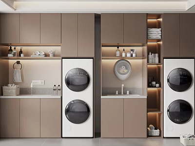 Modern Home Balcony Laundry Area Interior With Washing Machines And Storage Cabinets 3d model
