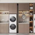 Modern Home Balcony Laundry Area Interior With Washing Machines And Storage Cabinets