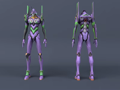 Purple Mecha Character Design With Green Accents Front And Back View 3d model
