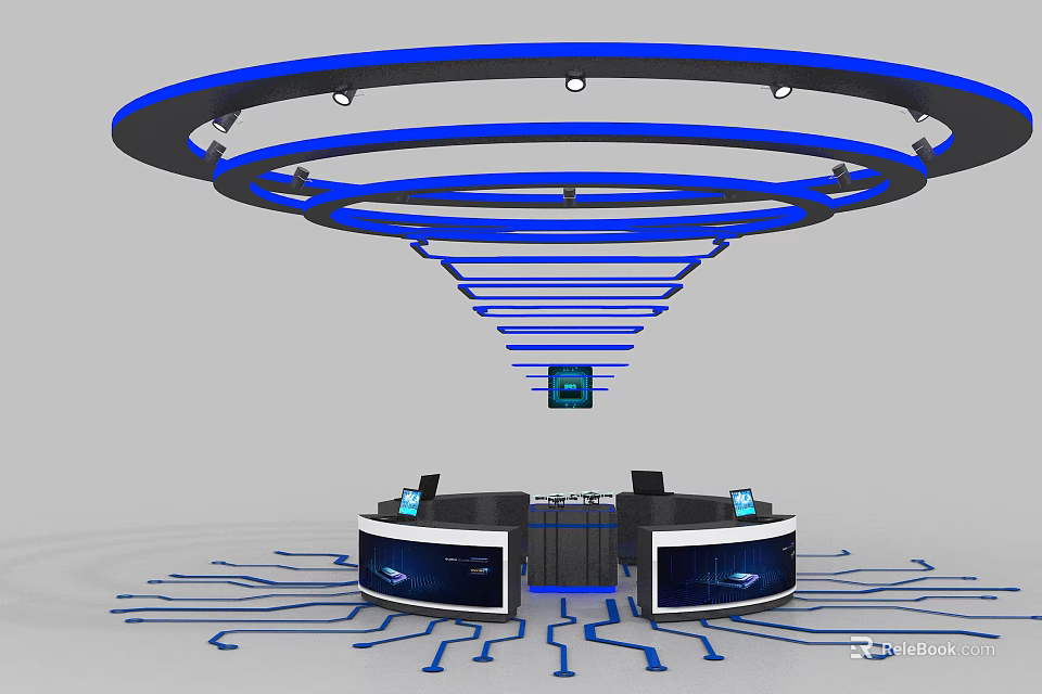 Modern Tech Inspired Reception Desk With Blue Circular Decorations Circuit Patterns And Overhead Lighting 3d model 
