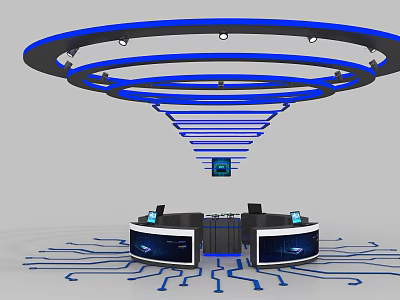 Modern Tech Inspired Reception Desk With Blue Circular Decorations Circuit Patterns And Overhead Lighting 3d model
