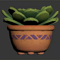 Succulent Plant With Green Plump Leaves In Orange Pot With Purple Geometric Patterns