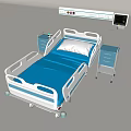 Medical Single Bed with Blue Mattress White Frame Bedside Cabinet and Medical Monitor