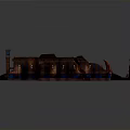 3D Game Scene Model With Square Central Area Stone Walls Stairs Flags And Blue Water