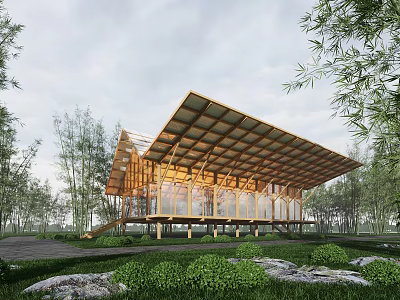 Modern Wooden Boutique Guesthouse With Sloped Roof And Large Glass Windows In Natural Surroundings 3d model