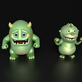 Two Green Cartoon Monsters With Different Expressions Standing On Shiny Surface 3d model