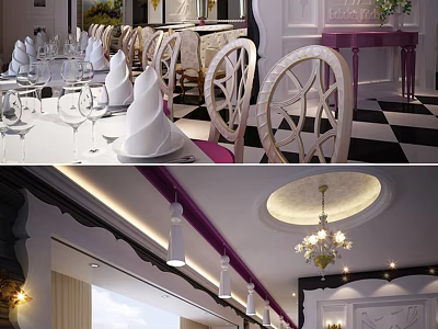 Elegant Restaurant Interior With White Chairs Table Settings Checkered Floor Chandelier And Decorative Ceiling 3d model