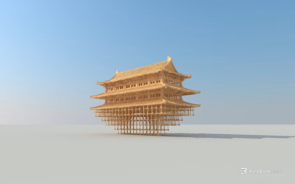 Traditional Chinese Wooden Garden Ornament with Three tiered Roof and Decorative Design Elements 3d model 