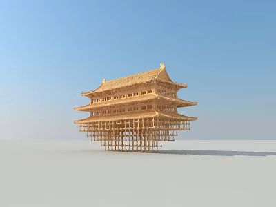 Traditional Chinese Wooden Garden Ornament with Three tiered Roof and Decorative Design Elements 3d model