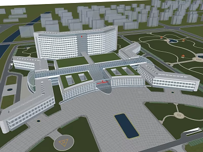 Modern Hospital Complex 3D Rendering With Medical Buildings And Green Spaces 3d model