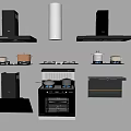 Modern Kitchen Cookware Collection With Range Hoods Stove Oven And Pots