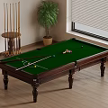 Elegant Billiard Table With Green Felt Surface Balls Cues Rack And Potted Plant By Window