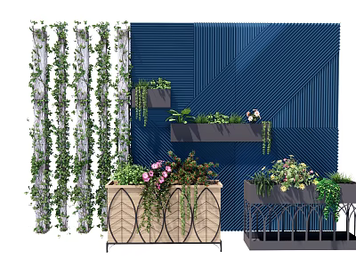 Stylish Flower Planters with White Vine Screens Blue Striped Wall Metal Stand and Pink Flowers 3d model