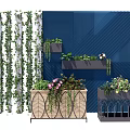 Stylish Flower Planters with White Vine Screens Blue Striped Wall Metal Stand and Pink Flowers