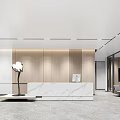 Modern Office Reception Area With Marble Desk Wooden Backdrop And Floor Lamp