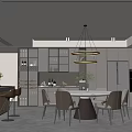 Modern Restaurant Open Kitchen Design With Dining Table Chairs Pendant Lights And Green Plants