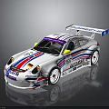 White Porsche 911 Racing Car With Red Blue Stripes Rear Wing And Coastal Sponsor Logos