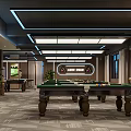 Modern Billiard Room Interior With Tables Seating Ceiling Lights And Shelves 3d model