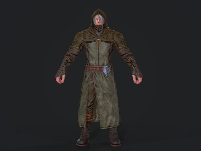 Game Movie Character In Hooded Green Brown Leather Robe With Belt Emblem Standing Pose 3d model