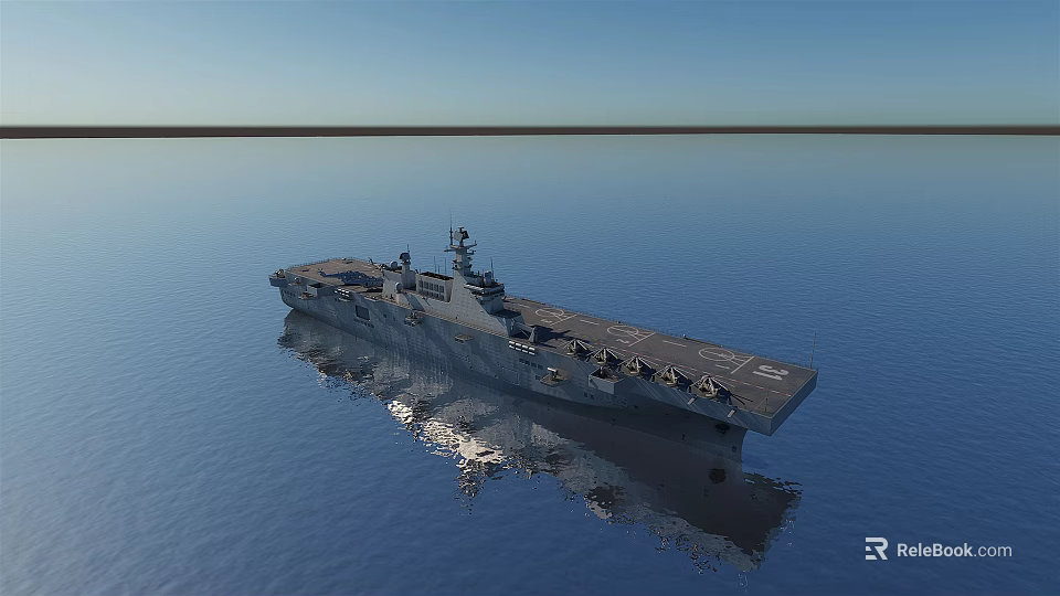 Aircraft Carrier Sailing On Calm Sea With Clear Blue Sky And Reflection 3d model 