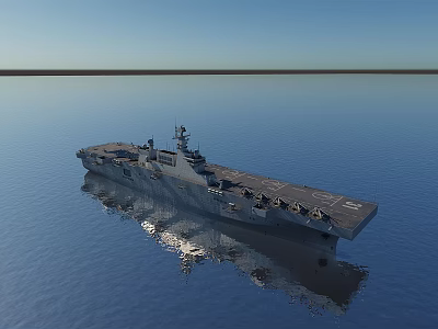 Aircraft Carrier Sailing On Calm Sea With Clear Blue Sky And Reflection 3d model